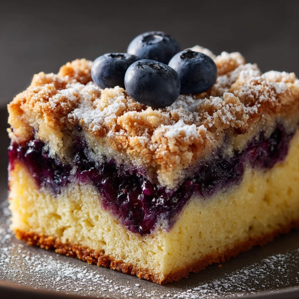 Slice of light and airy spring blueberry crumb cake with crumb topping