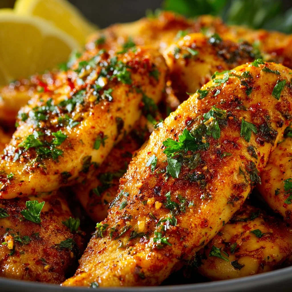 Delicious Mediterranean Chicken Tenders served with fresh herbs and spices.