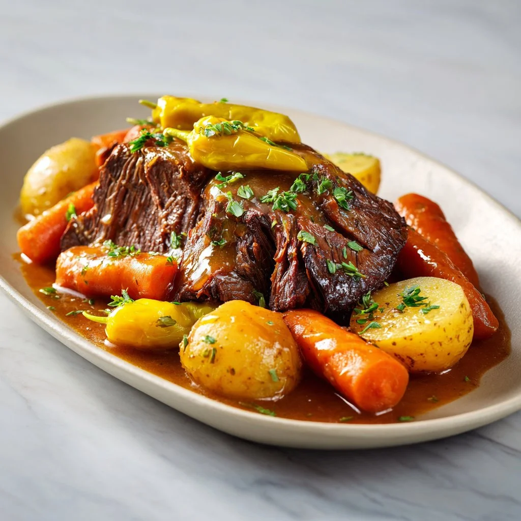 Delicious Mississippi Roast cooked in a Crock Pot with herbs and spices