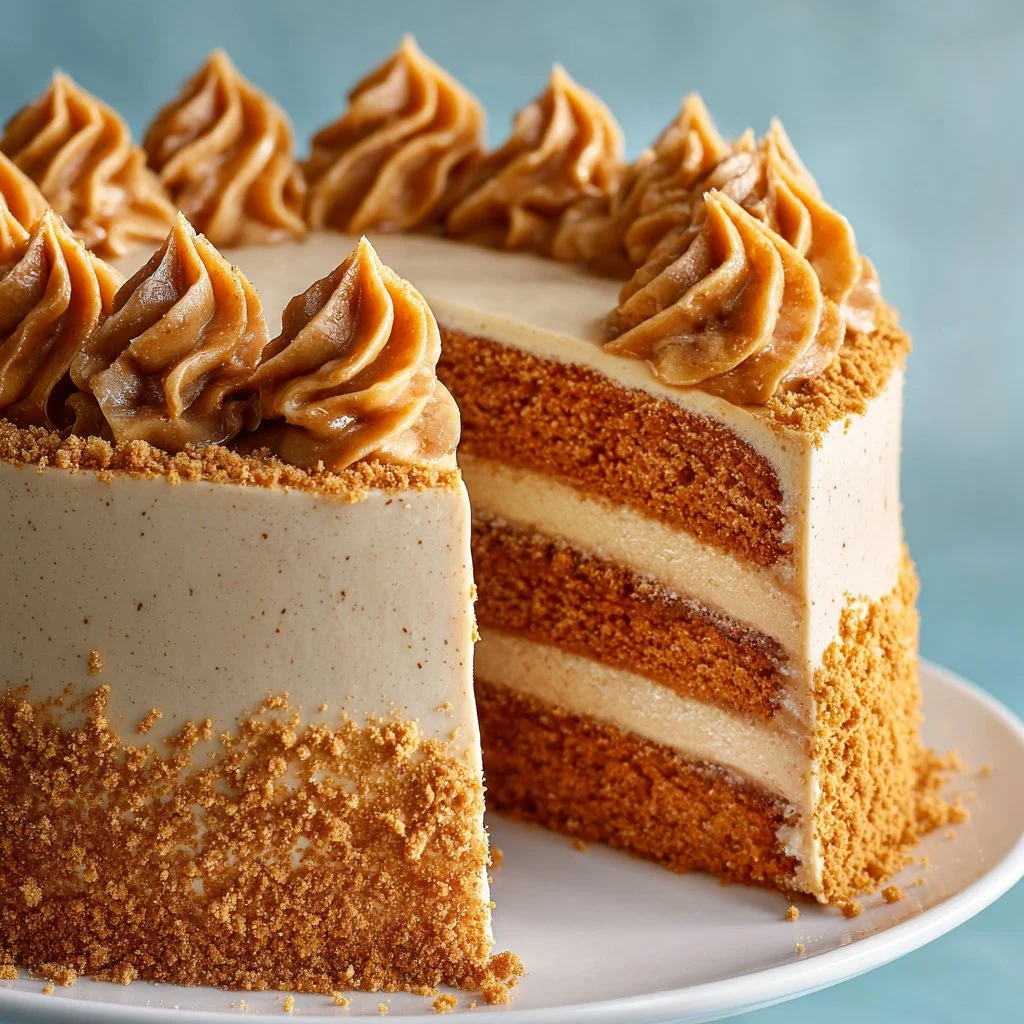 Moist Biscoff Cake topped with creamy frosting and Biscoff crumbs