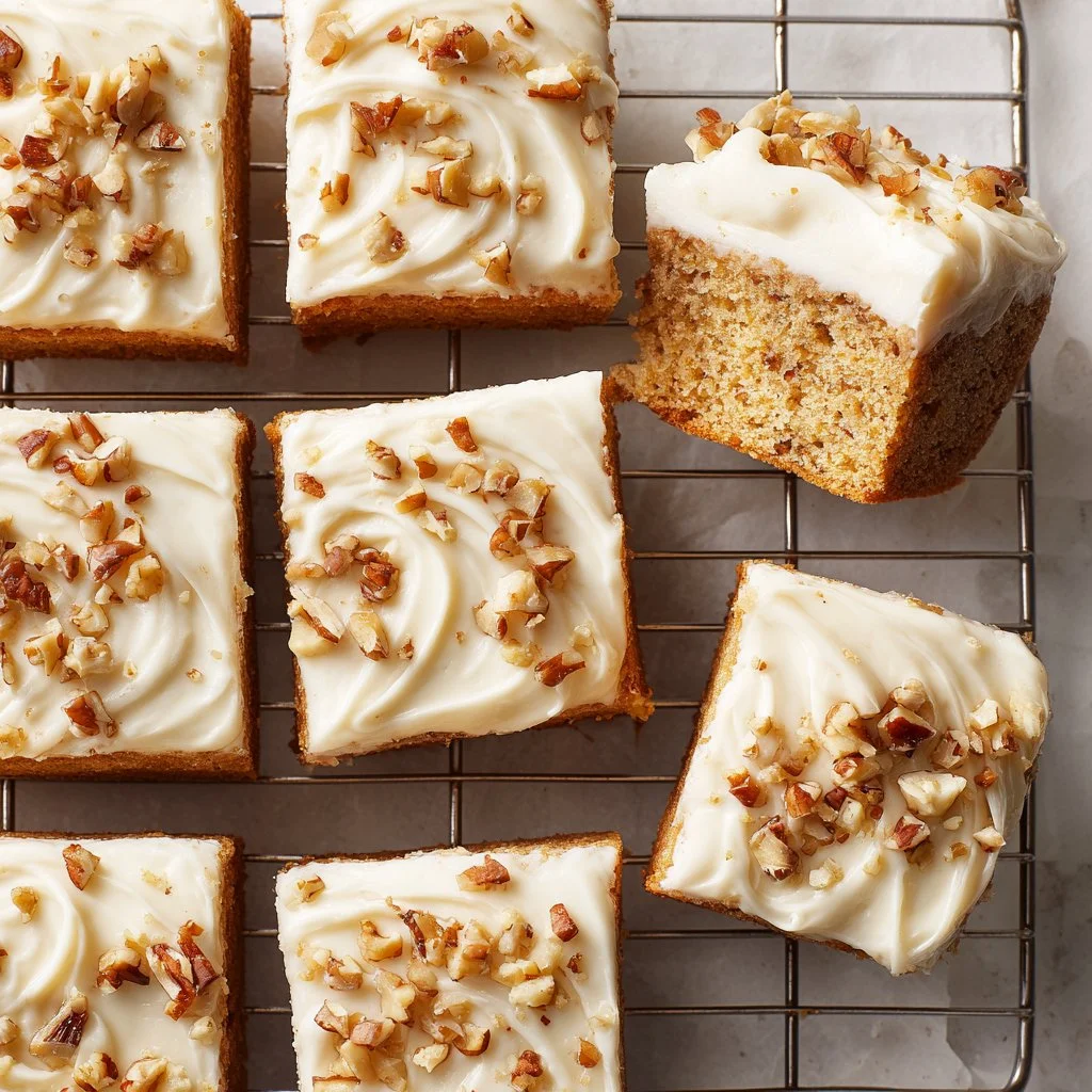 Moist spice cake topped with cream and garnished, ready to serve.