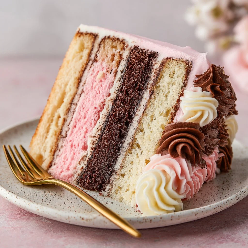 Delicious Neapolitan Cake with chocolate, strawberry, and vanilla layers.