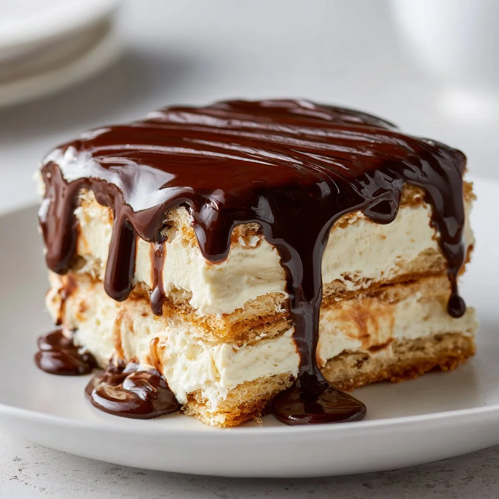 No-Bake Eclair Cake with creamy layers and chocolate topping