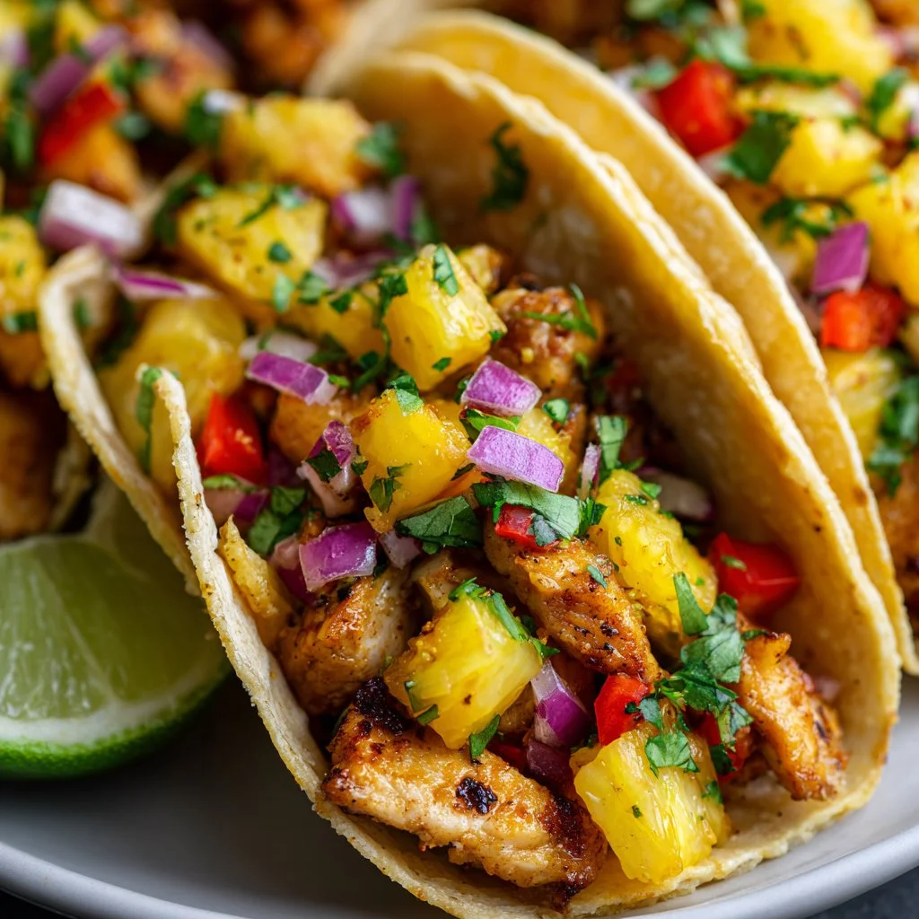 Delicious Pineapple Chicken Tacos garnished with fresh cilantro and lime.