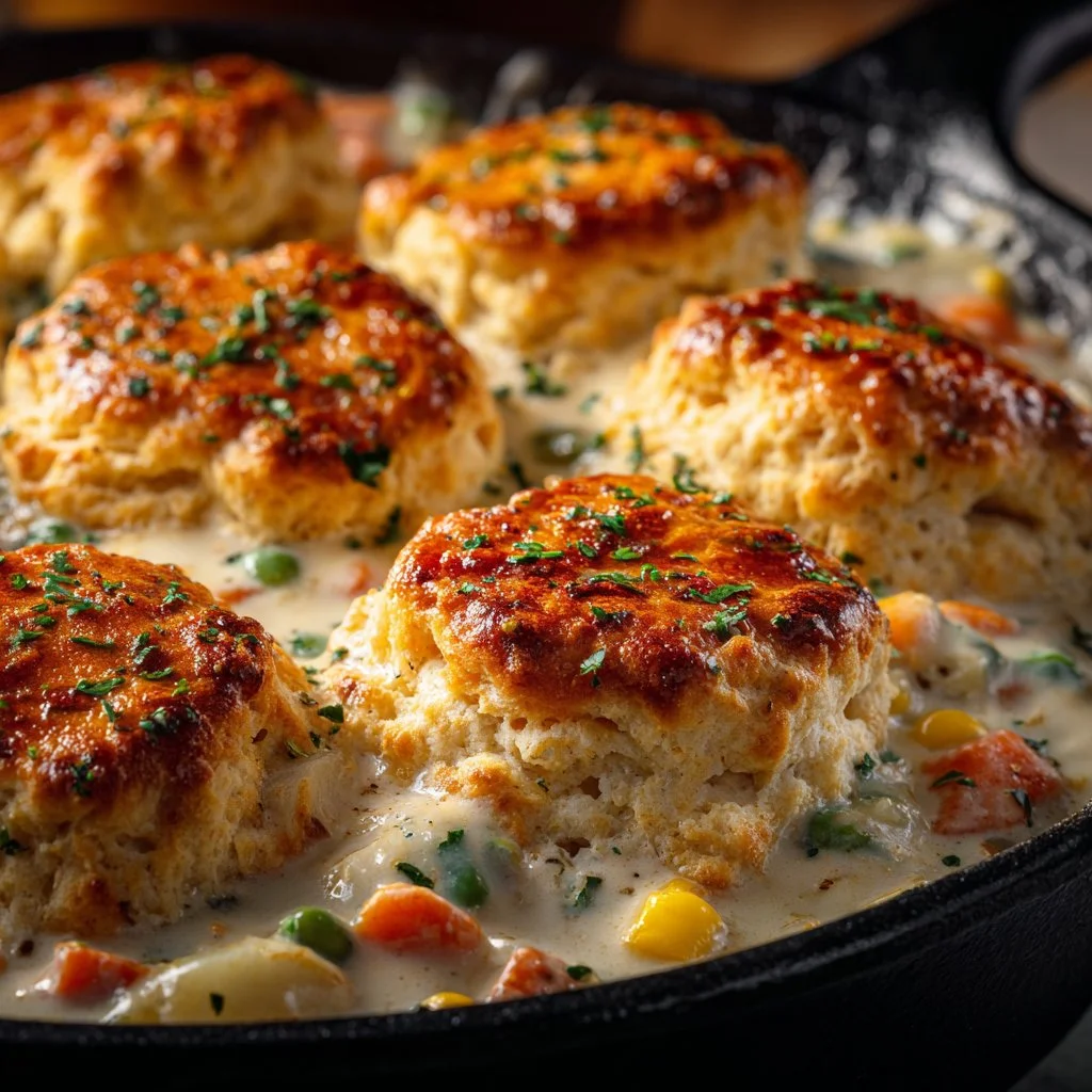 Delicious Red Lobster Biscuit Chicken Pot Pie topped with fluffy biscuits
