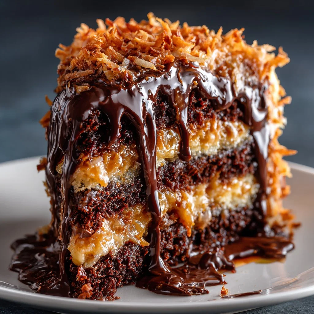 Deliciously rich German Chocolate Cake with layers of chocolate and coconut frosting