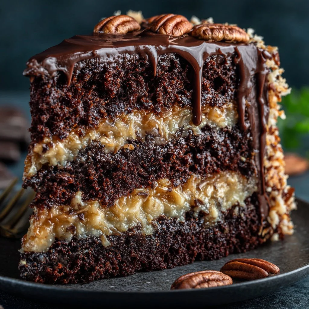 Rich and stunning German chocolate cake displayed on a spring-themed table.
