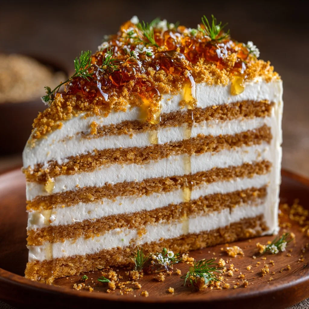 Delicious Russian Honey Cake garnished with fresh spring flowers