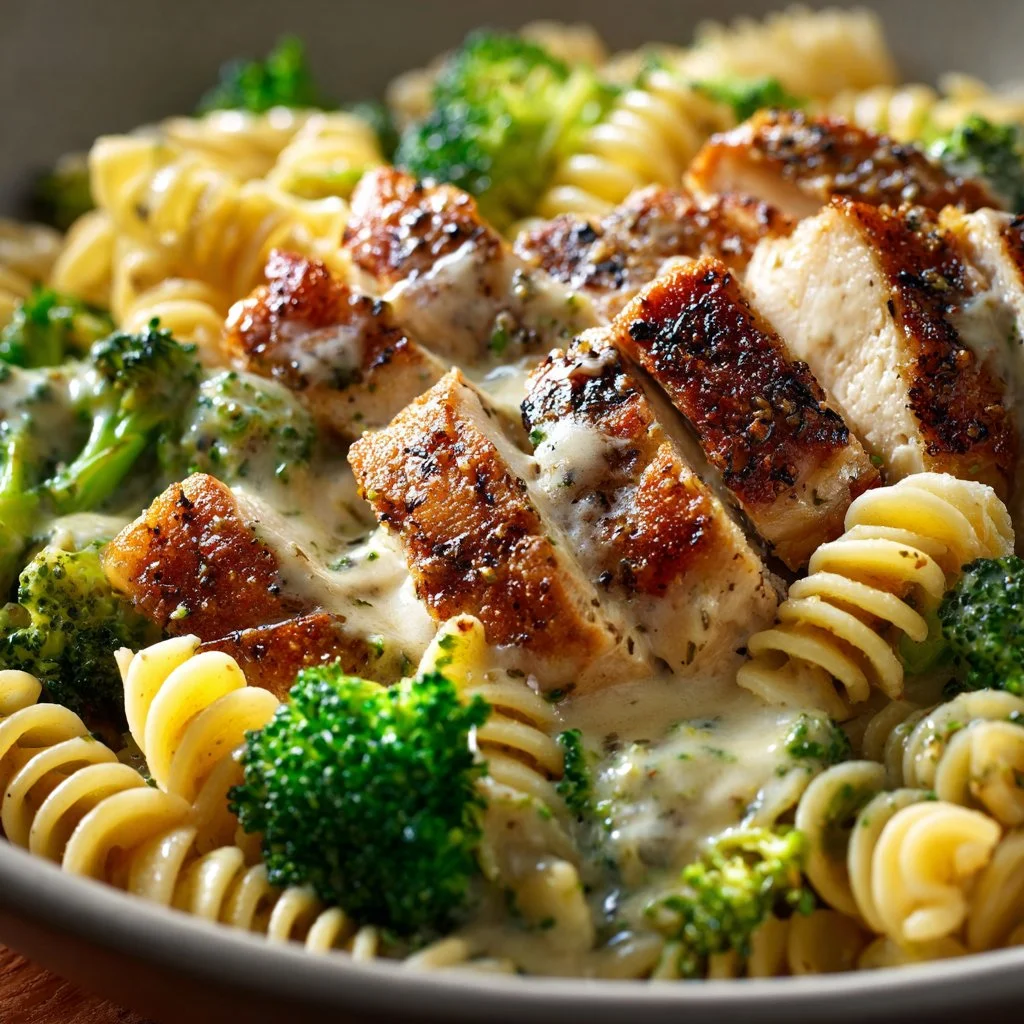 Rotisserie chicken broccoli pasta dish with vibrant vegetables