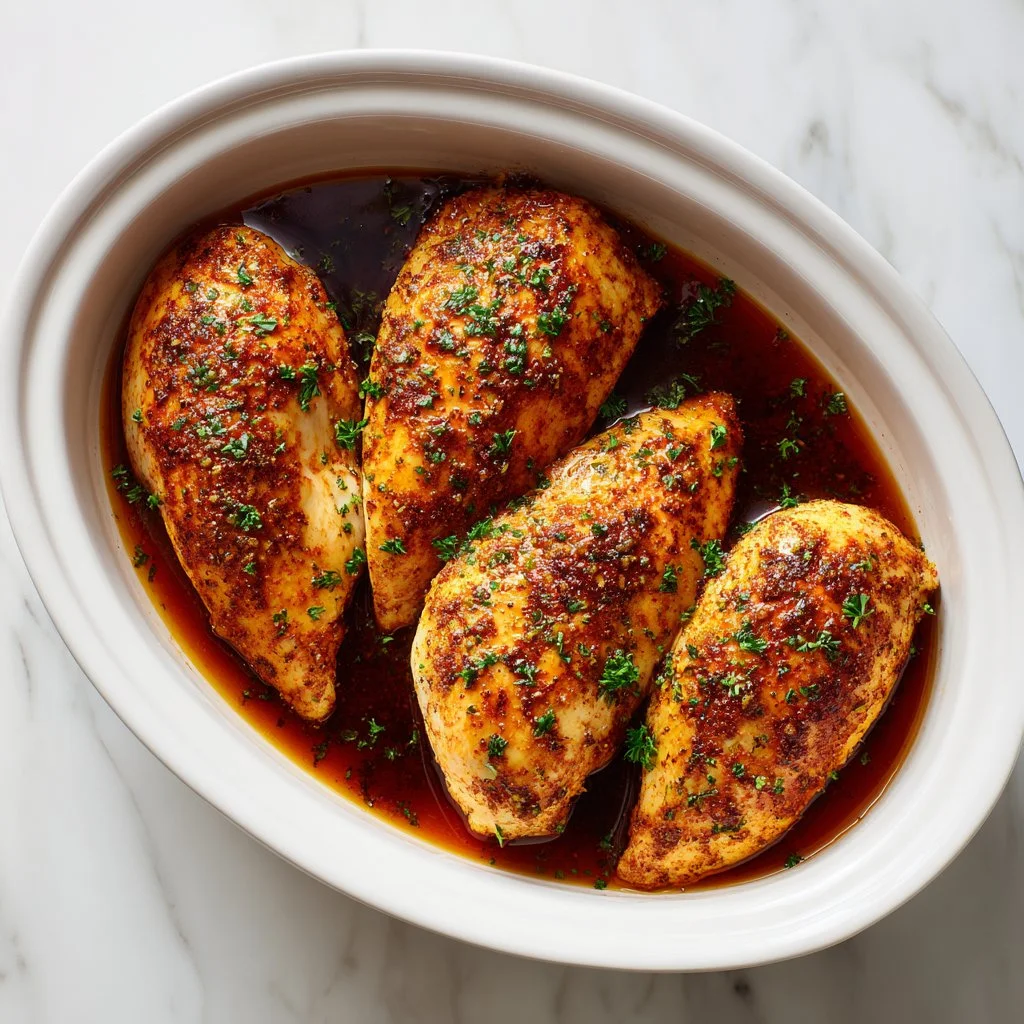 Slow Cooker Chicken Breasts ready to serve with vegetables.