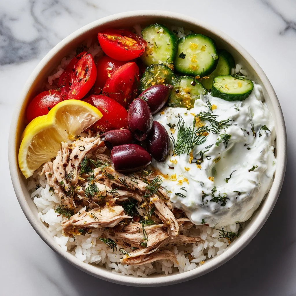 Delicious slow cooker Greek chicken served with fresh vegetables and herbs