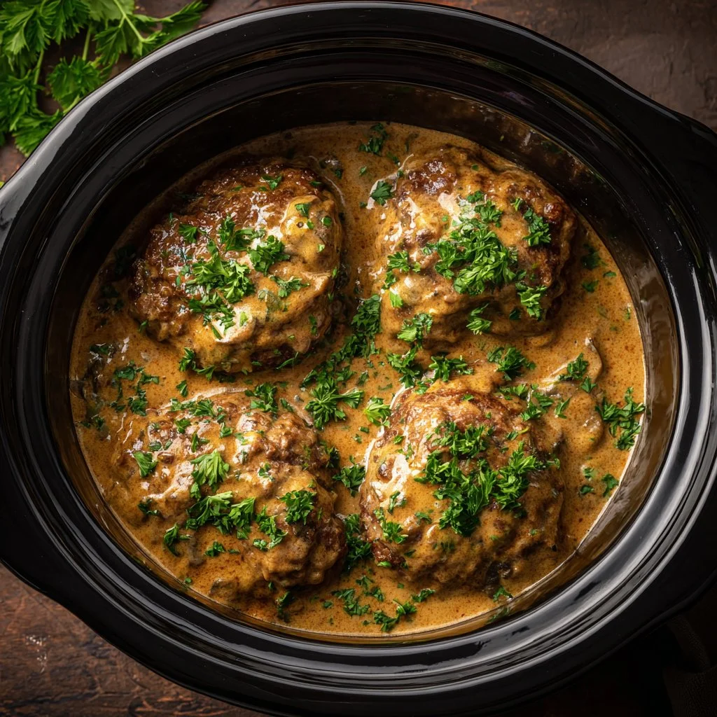 Delicious slow cooker smothered hamburgers ready to be served.