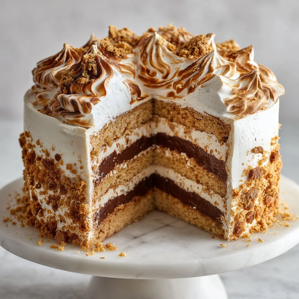 S'mores Layer Cake with chocolate, marshmallow, and graham cracker layers