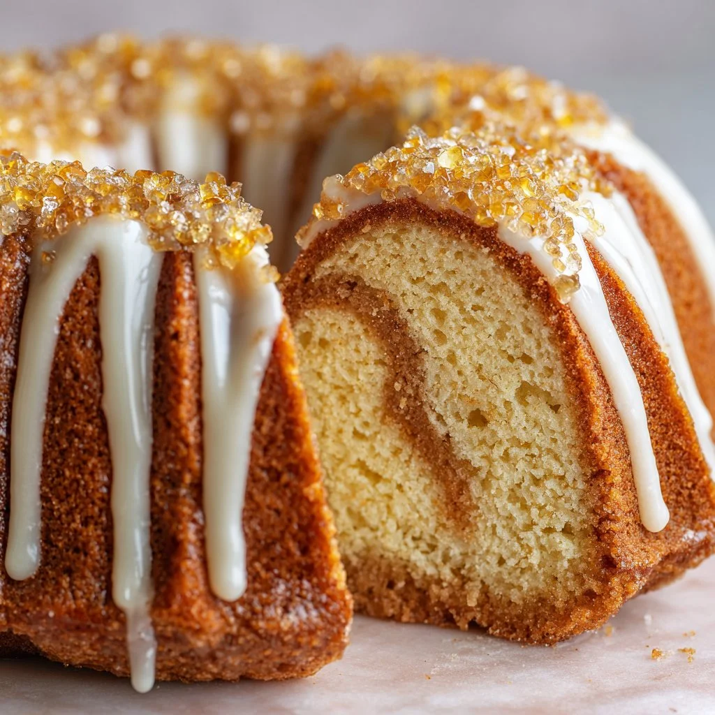 A freshly baked Snickerdoodle Bundt Cake topped with cinnamon sugar.