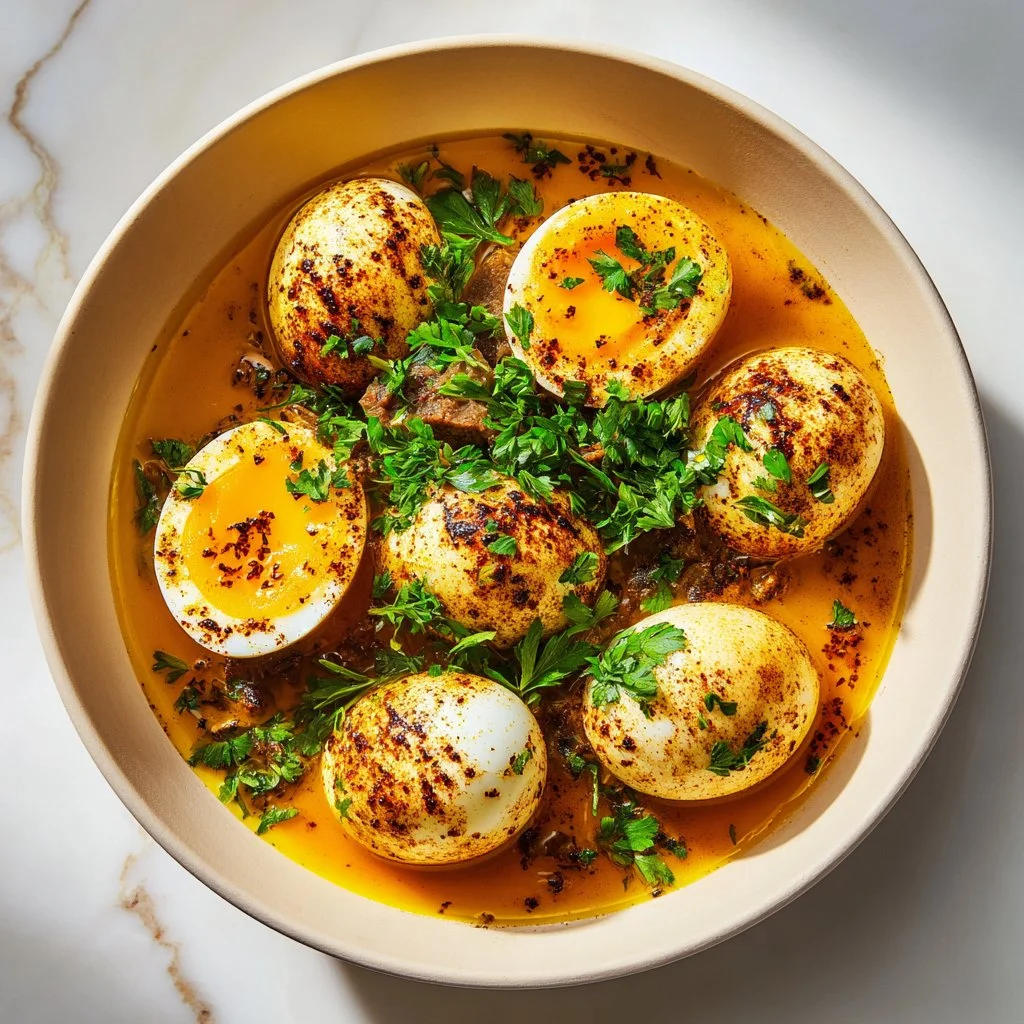 Delicious Spicy Cajun Egg Boil served with seasoning and herbs