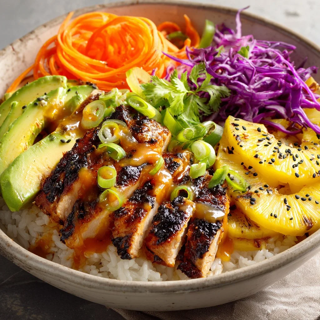 Spicy Maple Chicken served with coconut rice on a plate