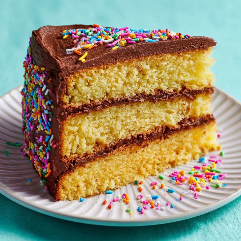 Spring Morning Moist Yellow Cake with icing and fresh fruits