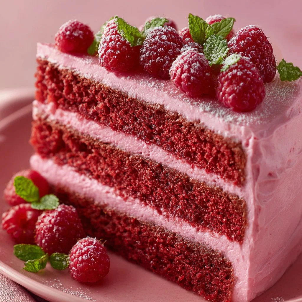 Close-up of a Spring Raspberry Cake topped with fresh raspberries and whipped cream
