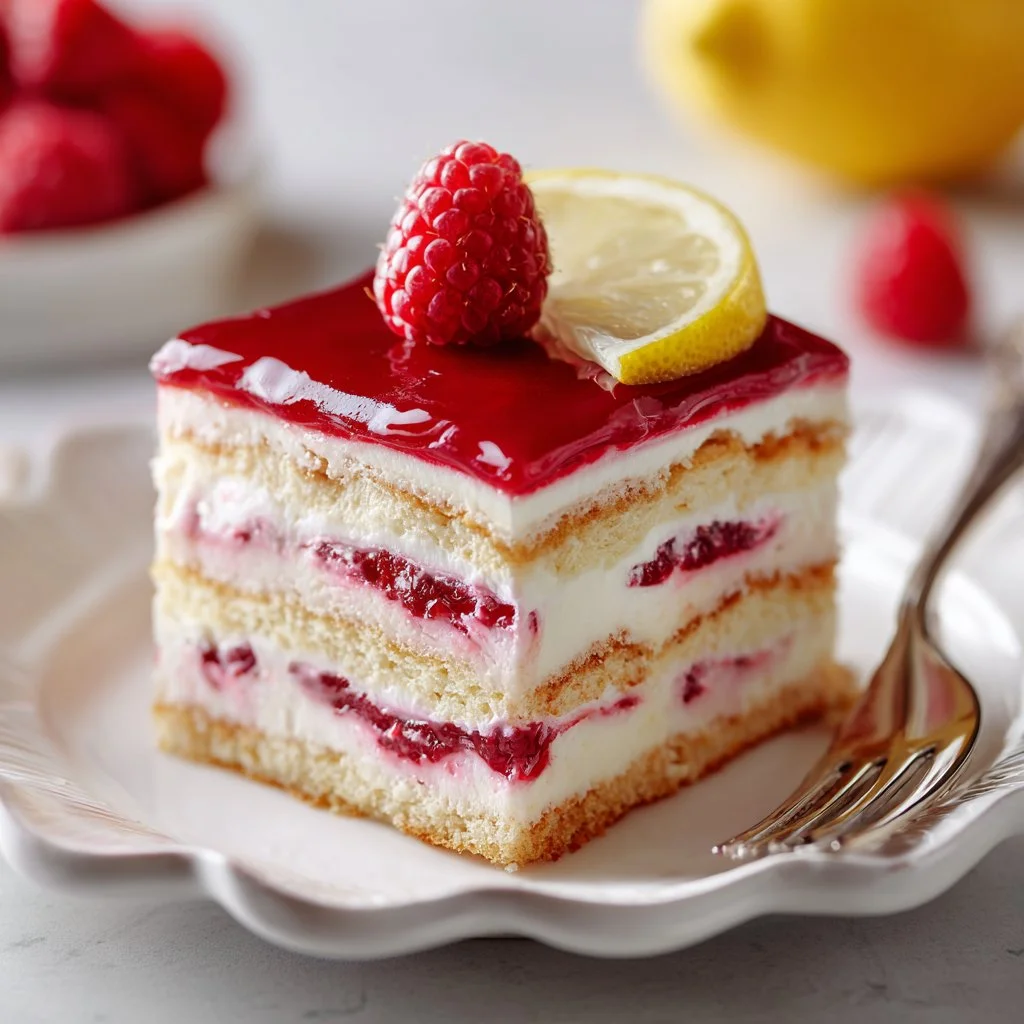 Delicious Spring Raspberry Tiramisu served in a glass dish with fresh raspberries