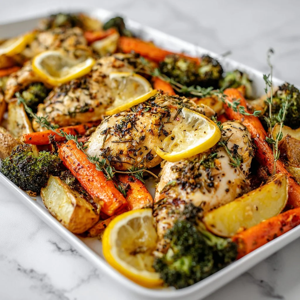 Spring sheet pan lemon herb chicken with fresh vegetables and herbs