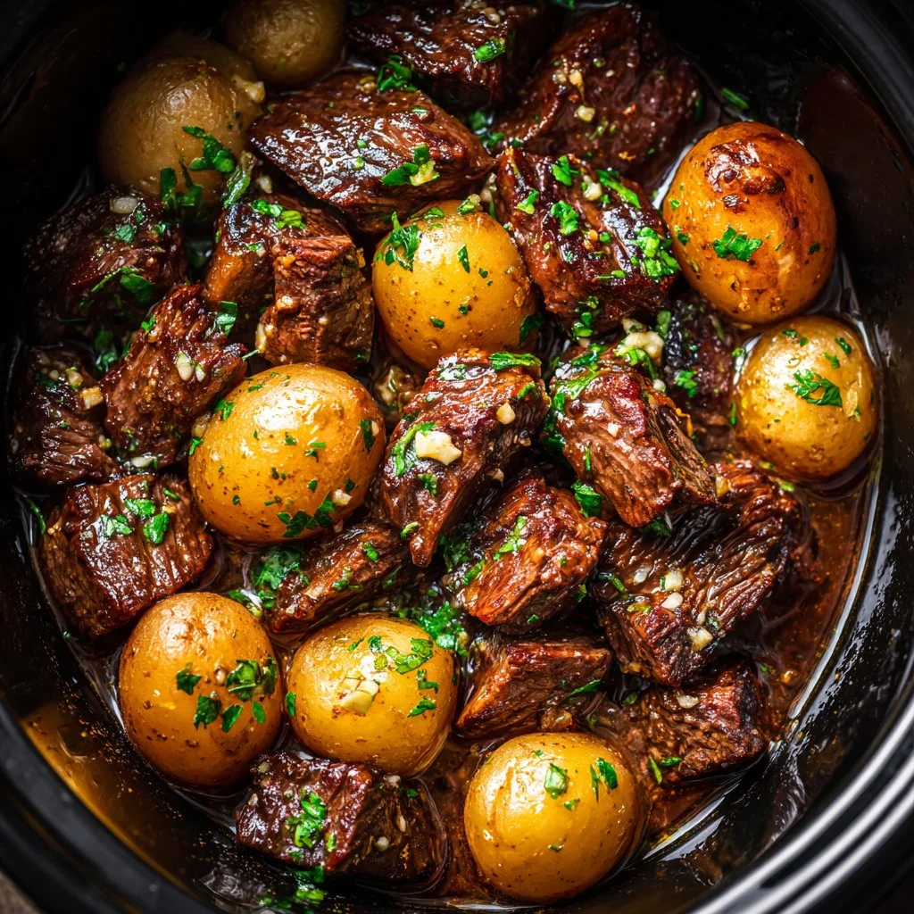 Spring Slow Cooker Garlic Butter Beef with Potatoes dish