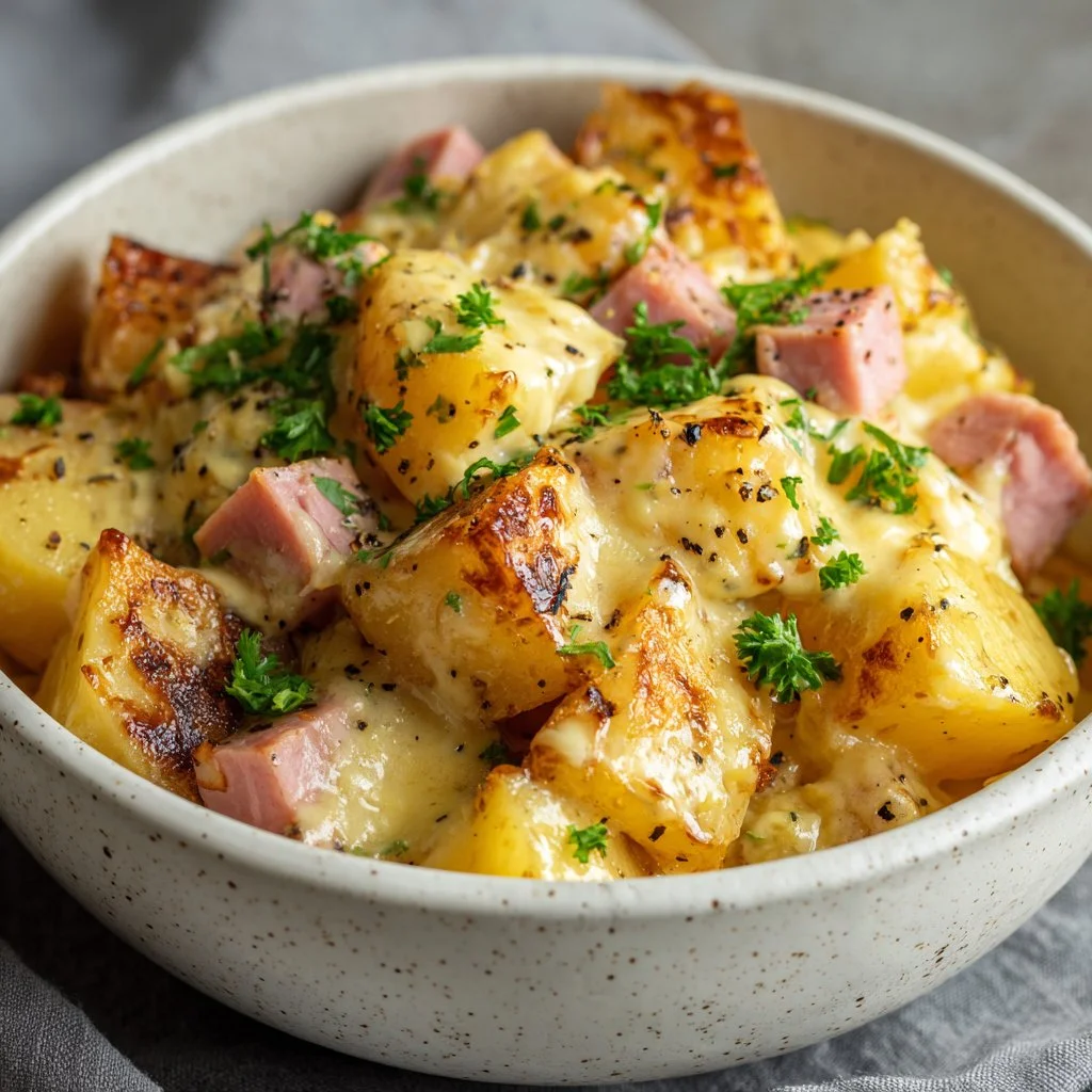 Delicious ham potato casserole in a slow cooker with fresh ingredients.