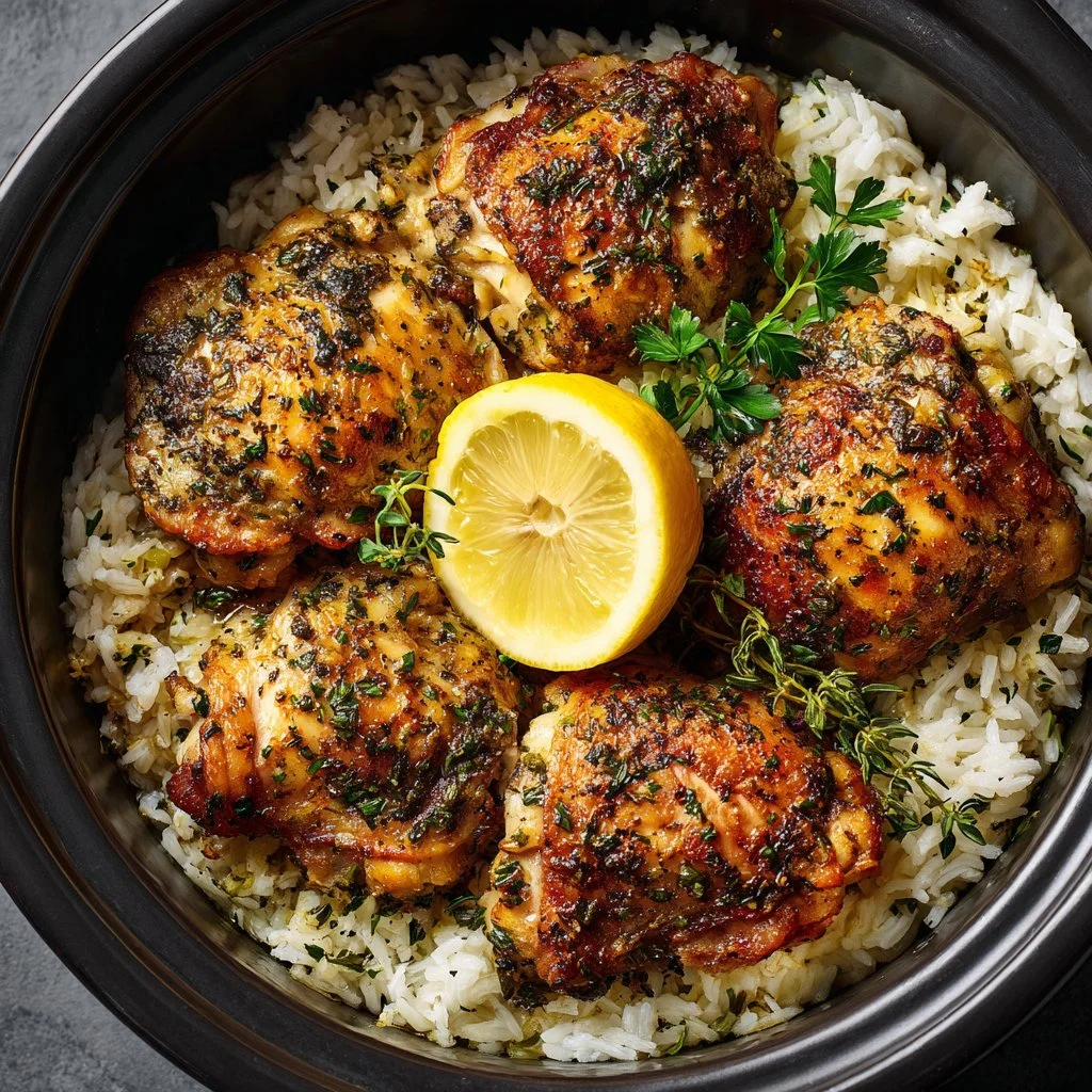 Delicious slow cooker lemon herb chicken garnished with fresh herbs.