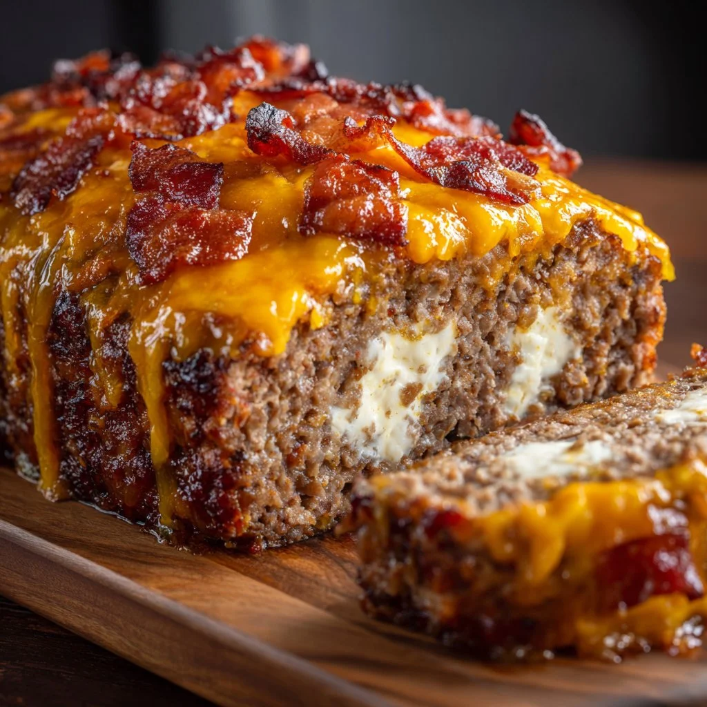Spring Style Bacon Cheeseburger Meatloaf topped with bacon and cheese