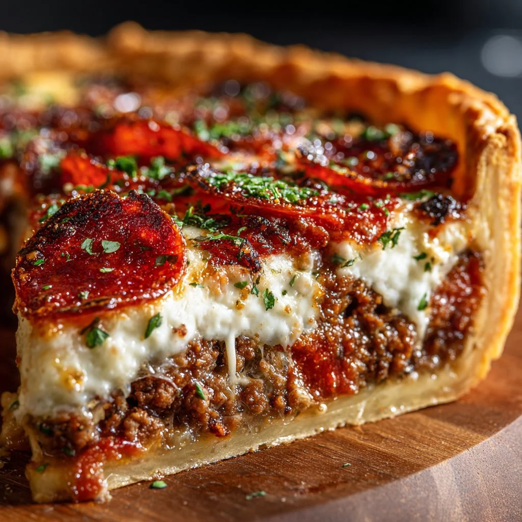 Delicious beef sausage and pepperoni pie served with fresh spring vegetables.