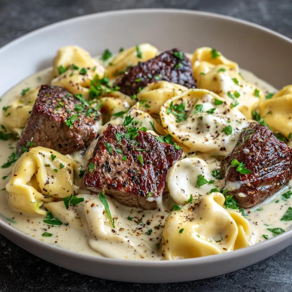 Delicious garlic steak tortellini served with fresh vegetables and herbs