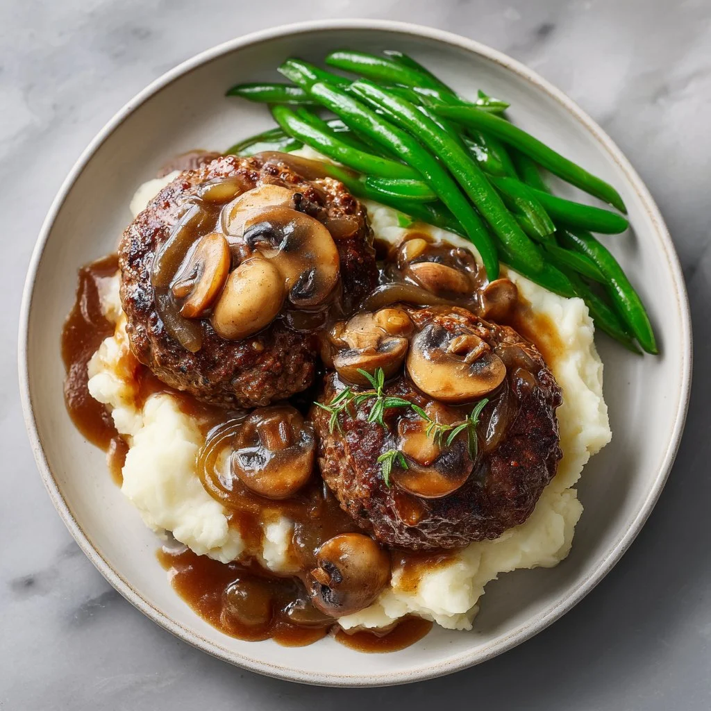 Spring Style Salisbury steak topped with mushroom gravy served on a plate.