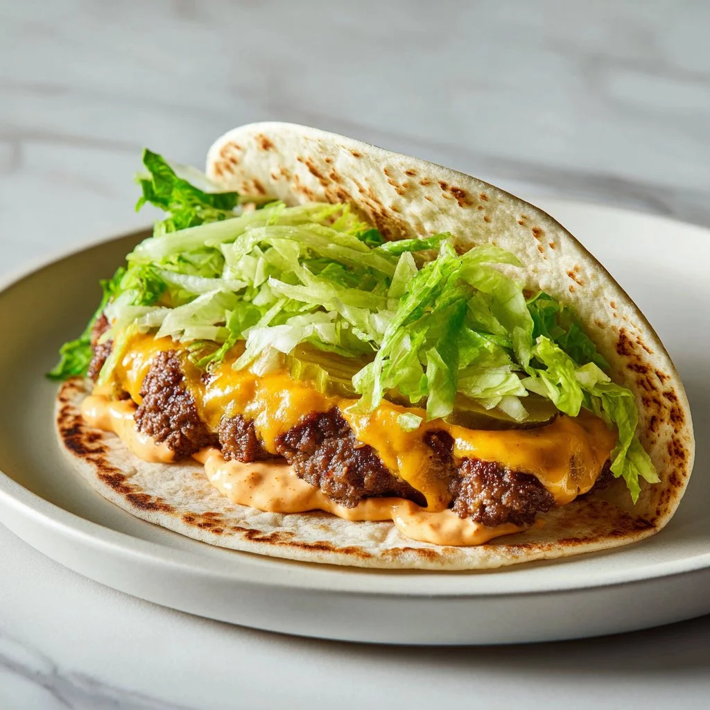 Spring style smash burger tacos served on a rustic plate with fresh toppings.