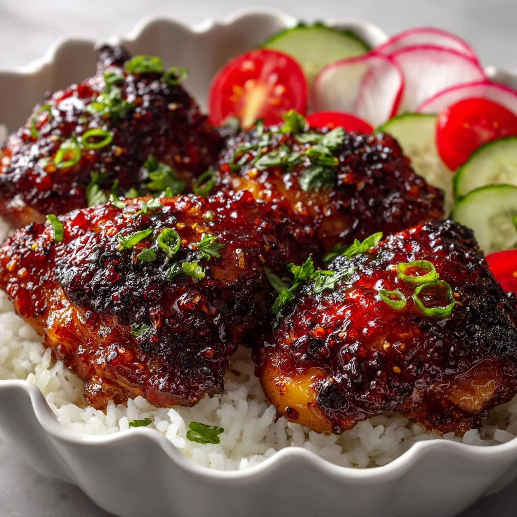 Sticky sweet chili chicken thighs cooked in an air fryer