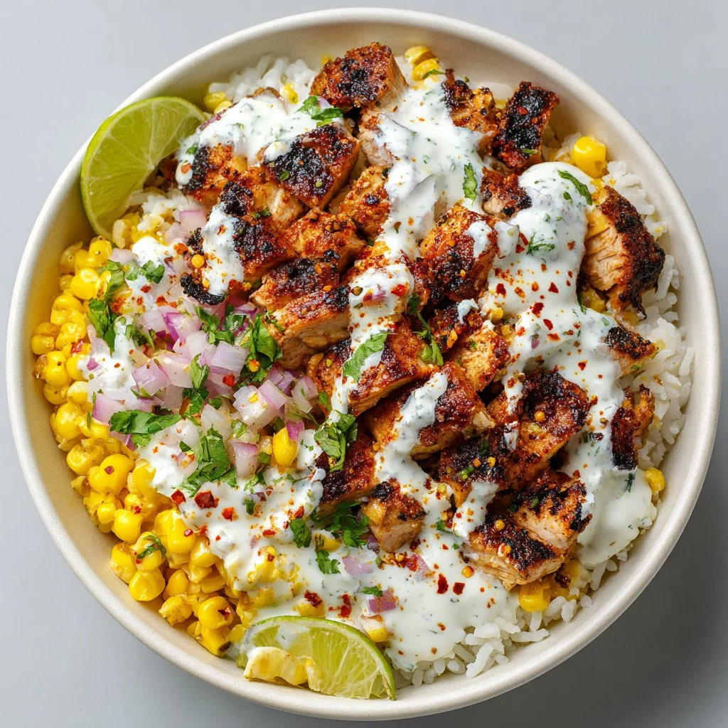 Delicious street corn chicken rice bowl with vibrant flavors and toppings