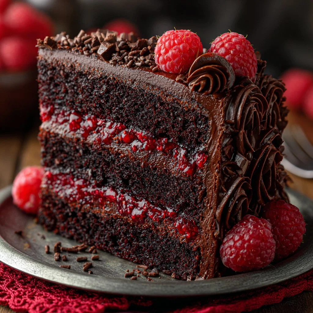 Stunning spring chocolate raspberry cake topped with fresh raspberries.