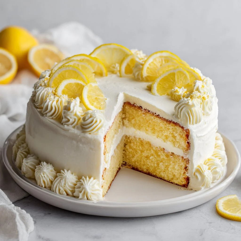 A beautiful slice of Spring Italian Lemon Cream Cake with a lemon garnish.