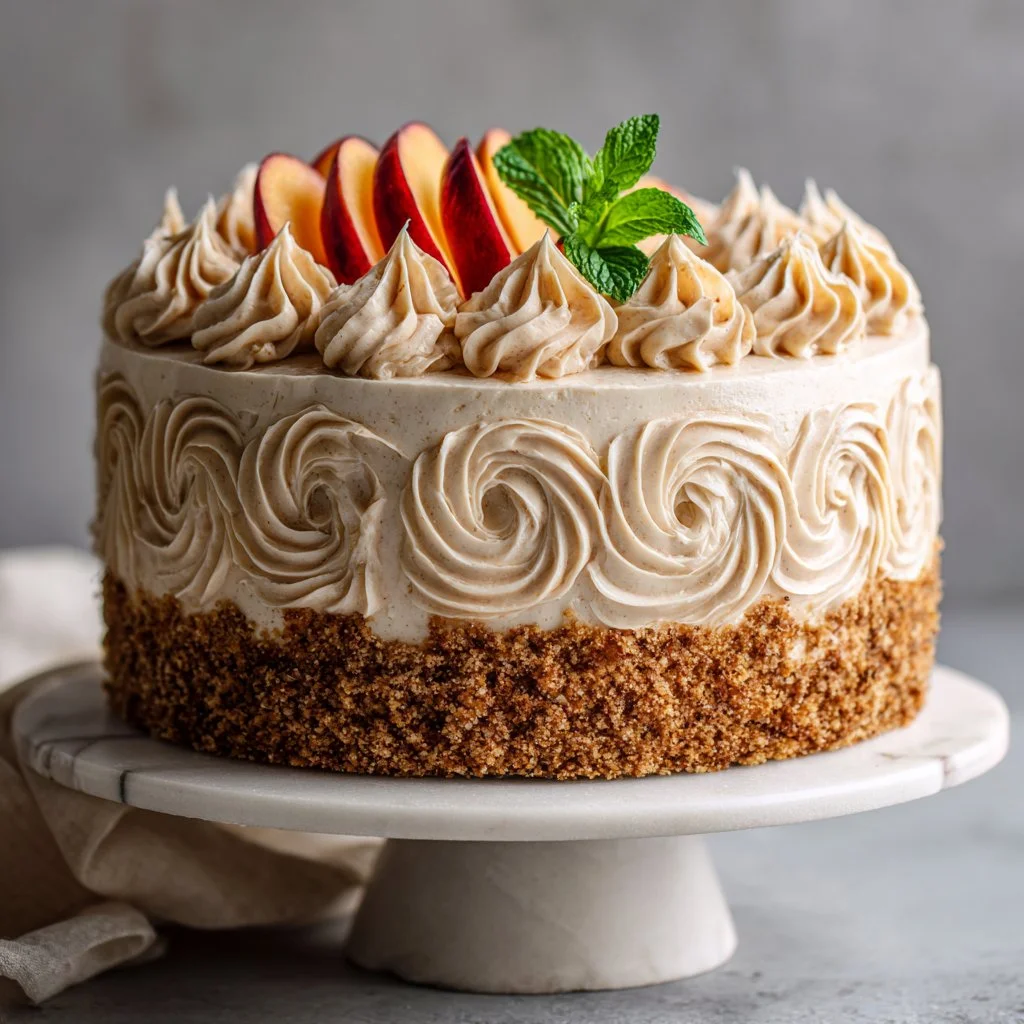 Stunning spring peach cake dessert topped with fresh peaches and whipped cream