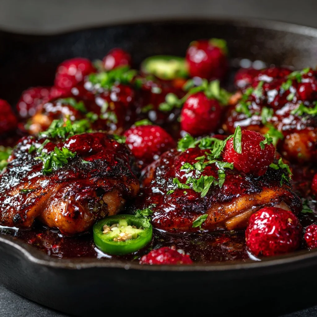 Sweet and spicy jalapeno raspberry chicken dish with vibrant garnishes