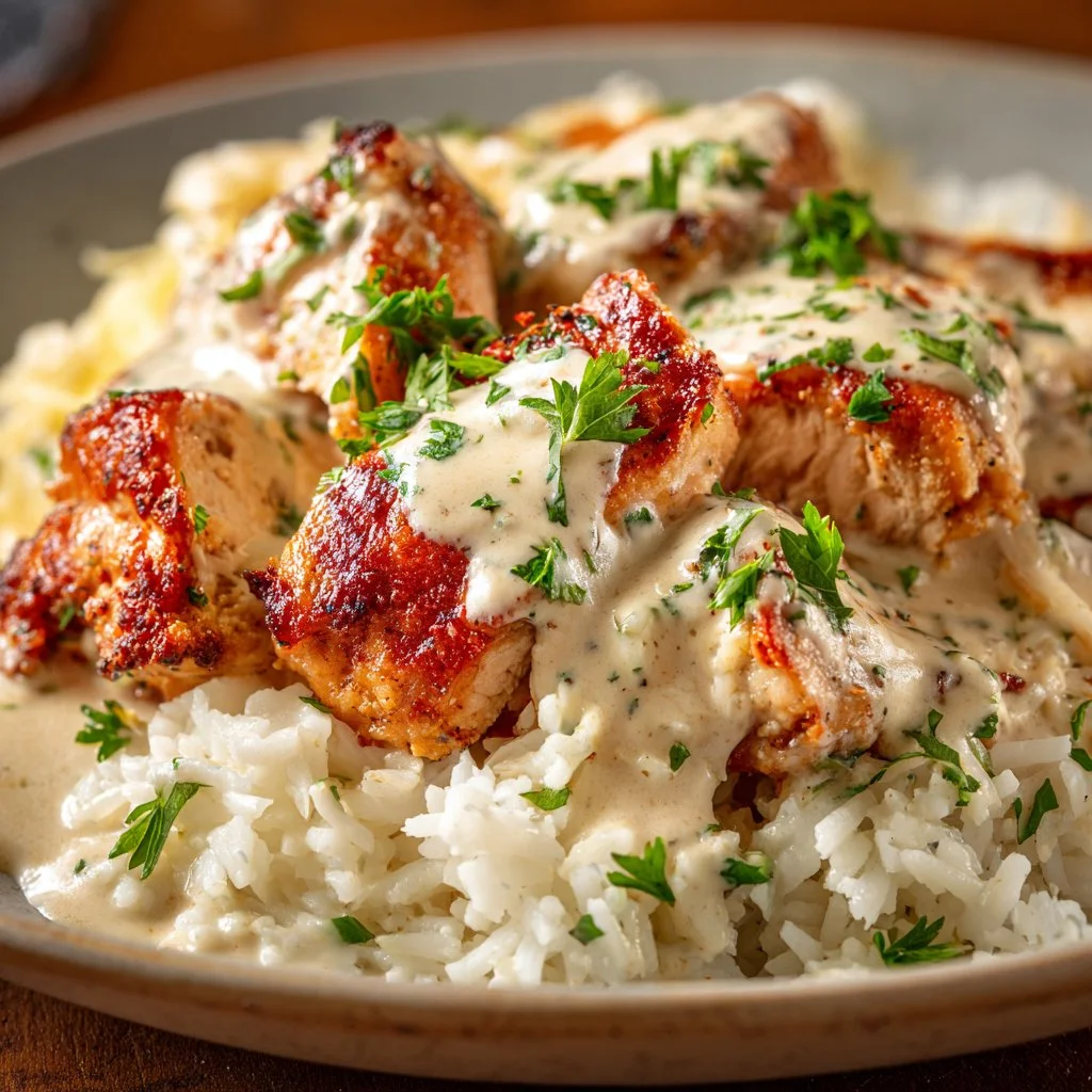Delicious creamy chicken and rice served in a bowl