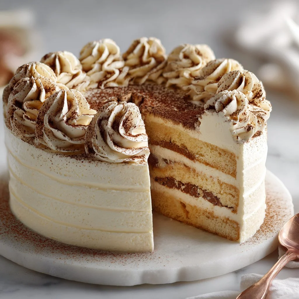 Delicious tiramisu cake topped with creamy mascarpone frosting, ready to serve.