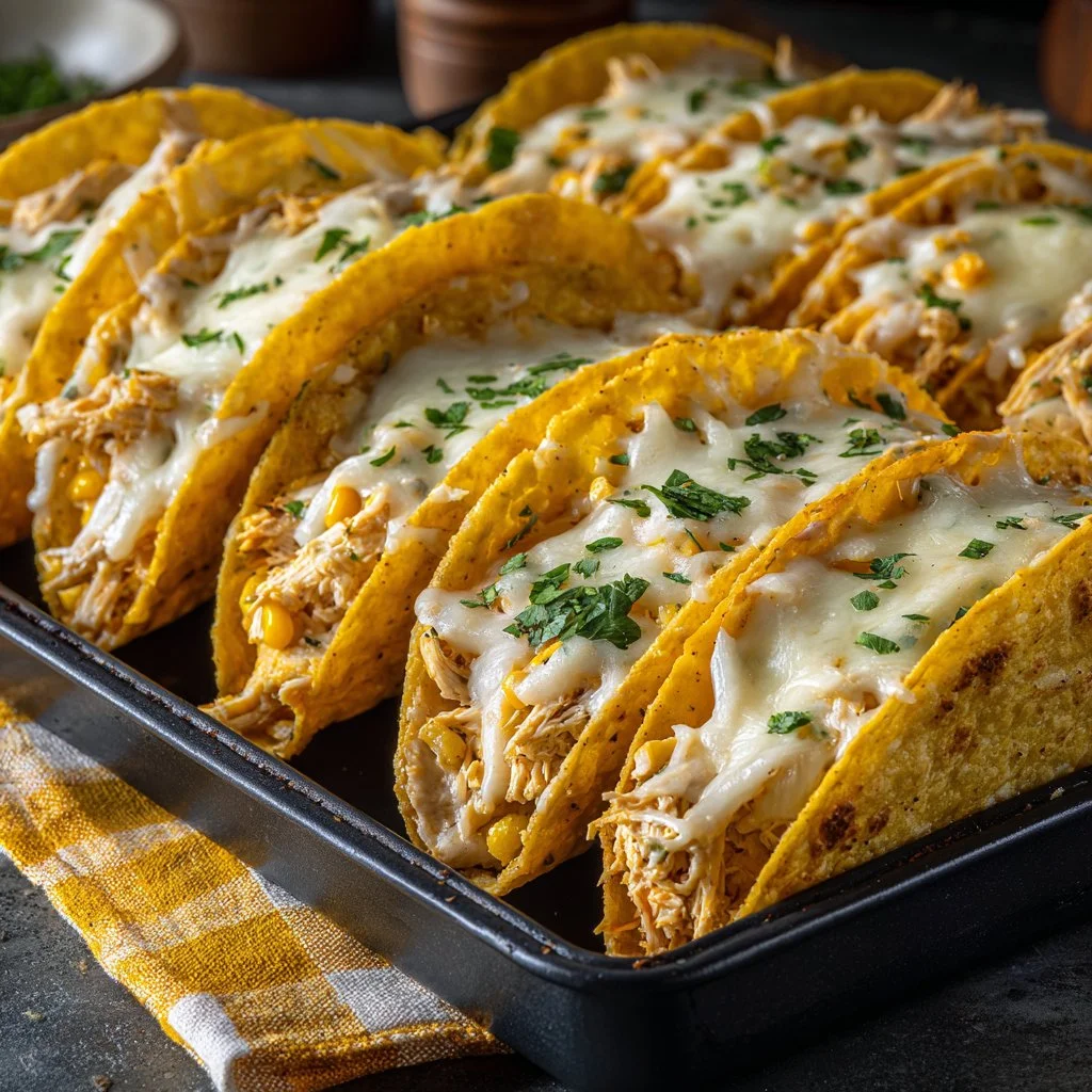 White chicken chili tacos served in a colorful plate with fresh toppings.