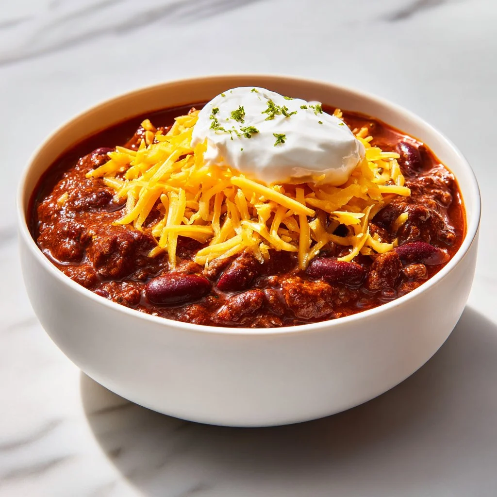 Bowl of the world's best chili recipe with colorful toppings