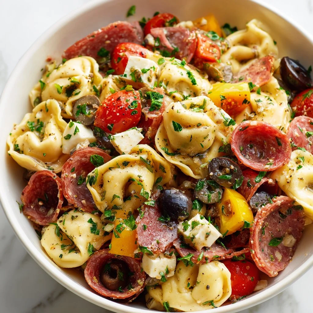 30-Minute Antipasto Tortellini Pasta Salad with fresh vegetables and dressing