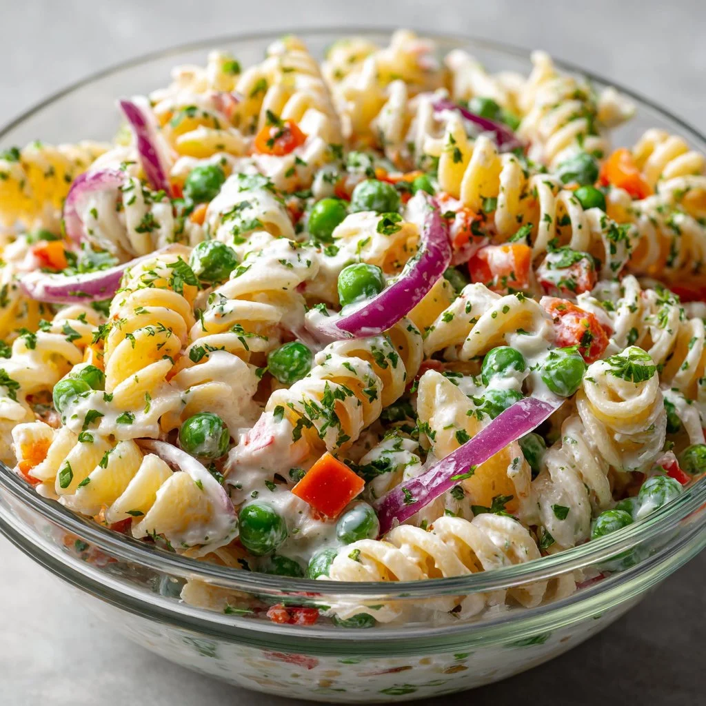 Bowl of addictive Crack Pasta Salad with colorful vegetables and dressing