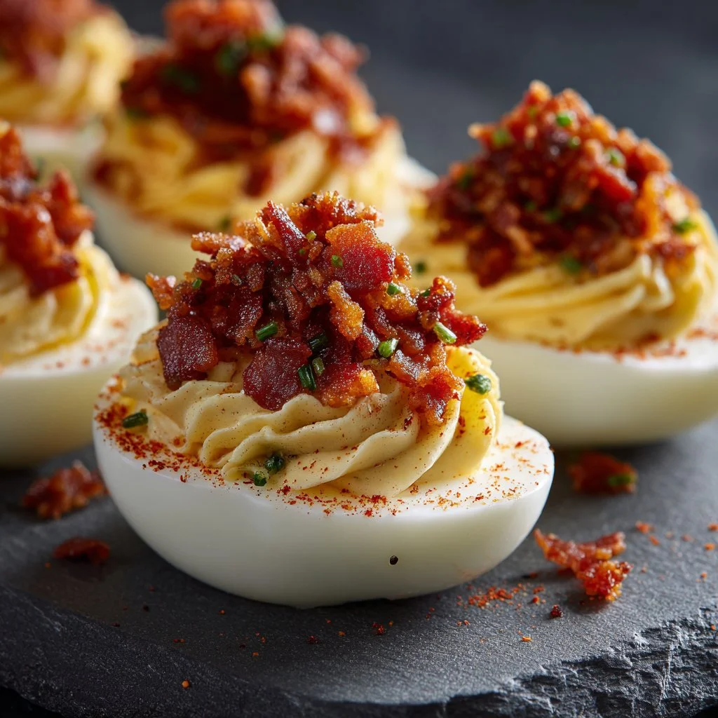 Plate of Bacon Deviled Eggs topped with crispy bacon bits
