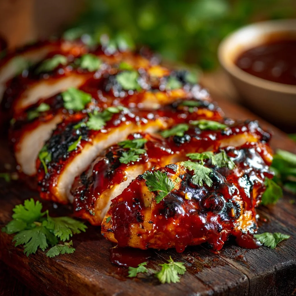 Juicy baked BBQ chicken served on a plate with sides