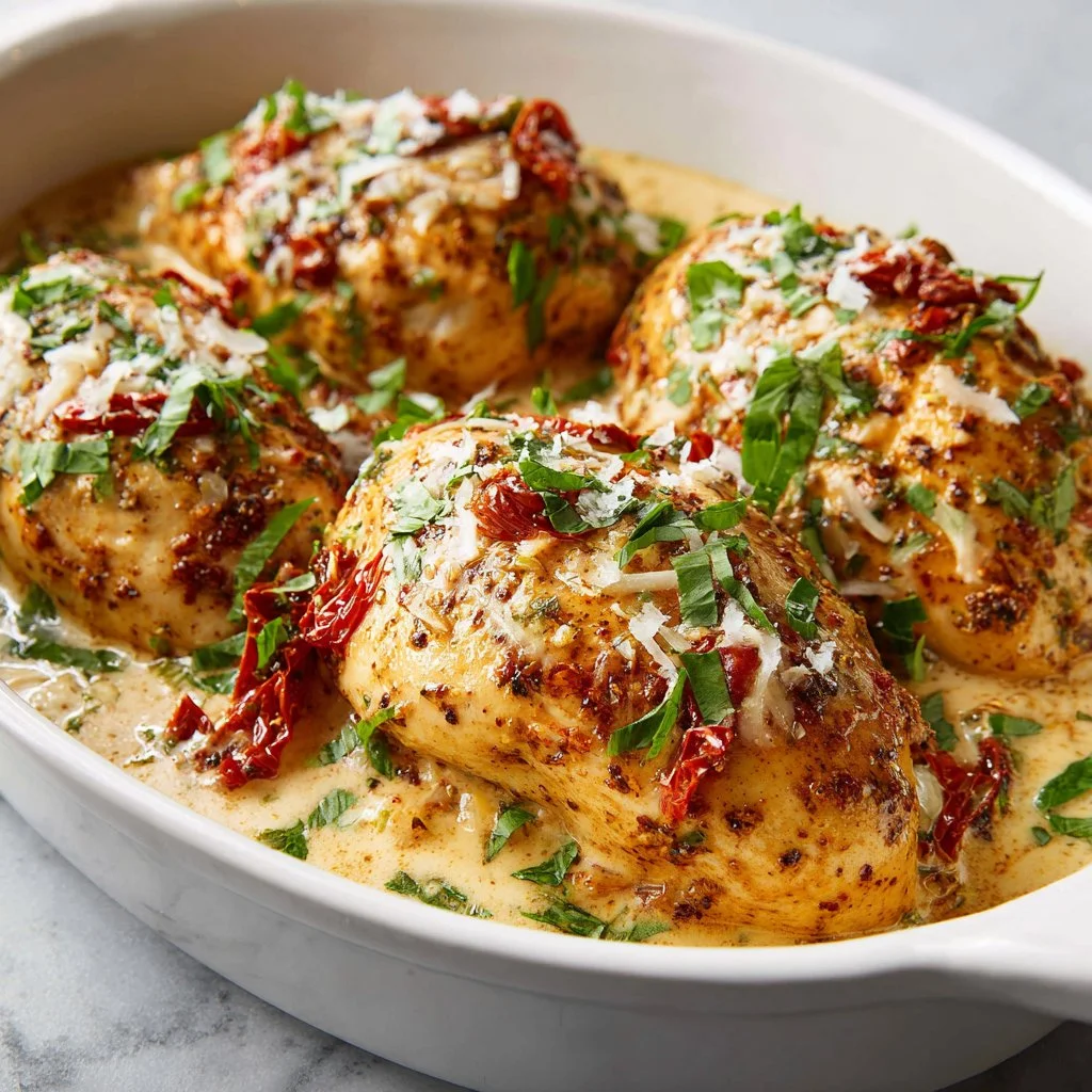 Baked chicken breasts in a creamy sauce served with vegetables