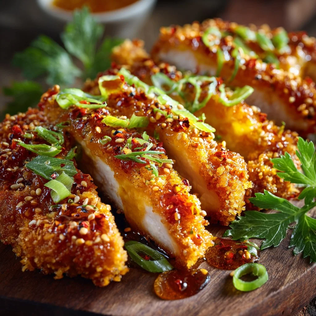 Baked crunchy hot honey chicken garnished with herbs and served on a plate