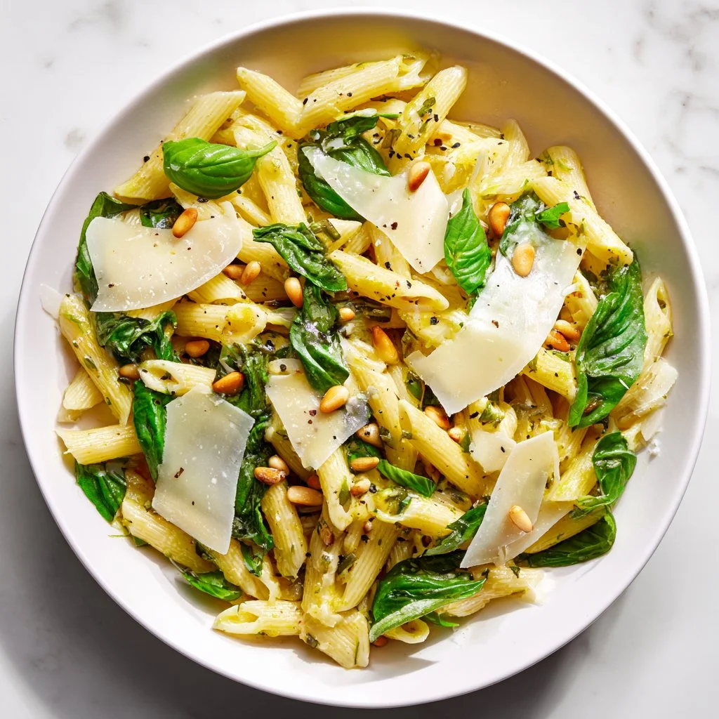Basil Lemon Pasta Salad with fresh basil and lemon in a bowl