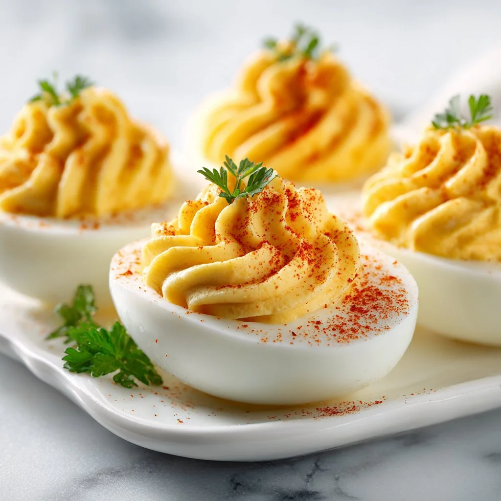Delicious best deviled eggs garnished with paprika on a platter